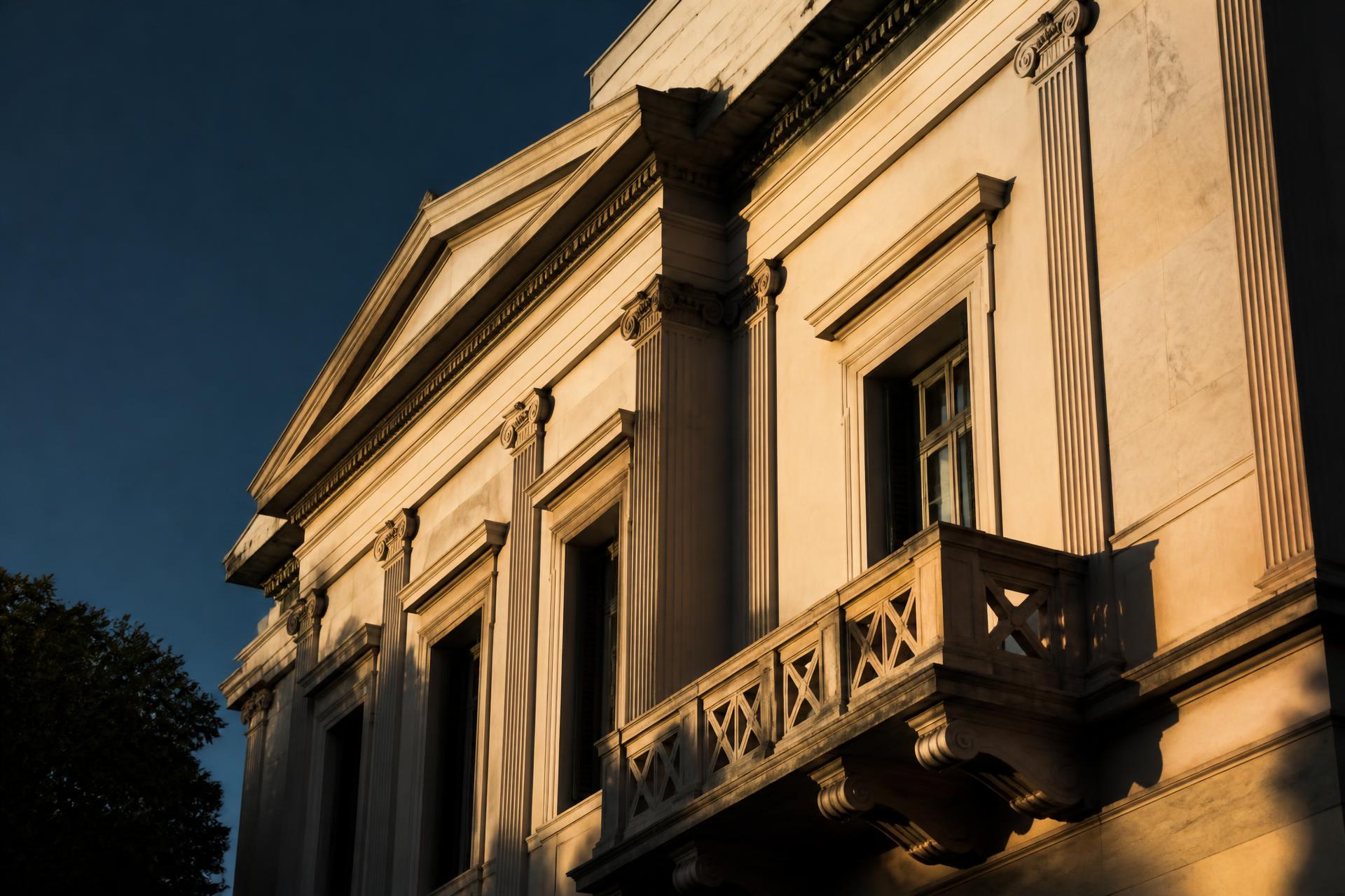 Neoclassical Athenian facade in Kolonaki lit by late afternoon Mediterranean sun